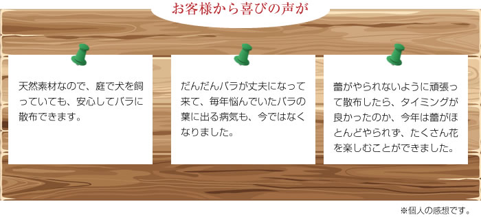 ―お客様から喜びの声が― ・天然素材なので、庭で犬を飼っていても、安心してバラに散布できます。
・だんだんバラが丈夫になって来て、毎年悩んでいたバラの葉に出る病気も、今ではなくなりました。・蕾がやられないように頑張って散布したら、タイミングが良かったのか、今年は蕾がほとんどやられず、たくさん花を楽しむことができました。※個人の感想です。